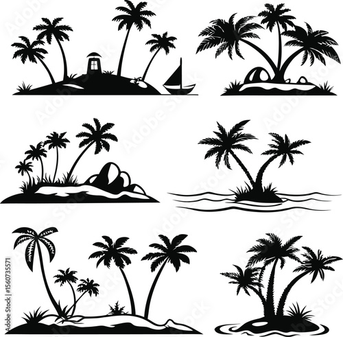 Tropical Island with Palm Tree Silhouettes