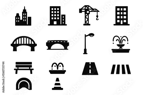 12 black cityscape icons. Solid vector for urban design, architecture, and planning.