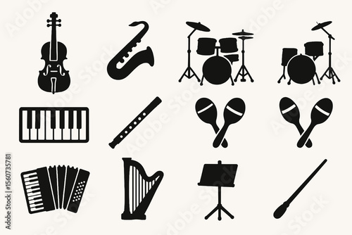 12 black music instrument icons. Solid vector for orchestras, bands, and culture.