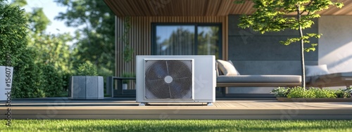 Modern outdoor heat pump unit on a deck.  A sleek, light gray heat pump sits on a light brown wooden deck, adjacent to a modern home with light-colored siding and wooden beams.  