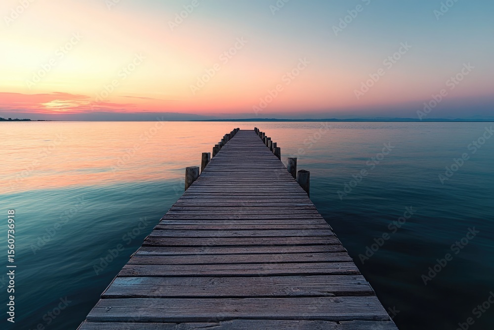Fototapeta premium Tranquil wooden pier stretches into a serene sunrise/sunset over calm water