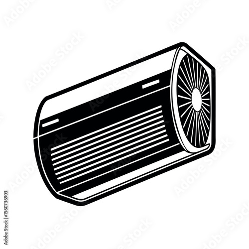 Isometric illustration of an air conditioner, fan, and ventilation system in black and white