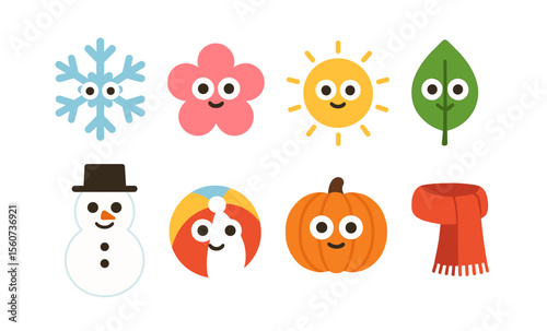 Cute seasonal icons: snowflake, flower, sun, leaf, snowman, beachball, pumpkin, scarf