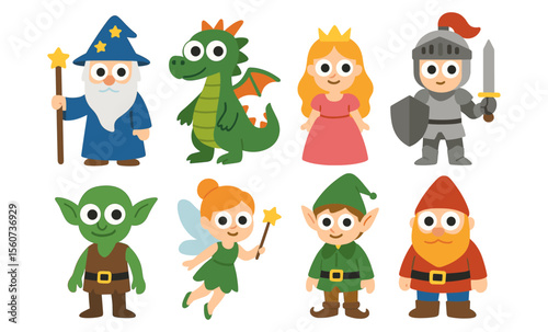 Charming cartoon fantasy characters: wizard, dragon, princess, knight, goblin, fairy, elf, dwarf