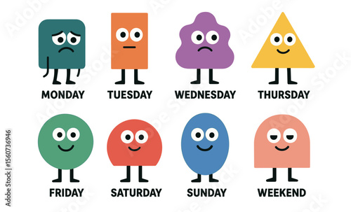 Colorful geometric shapes representing days of the week with facial expressions