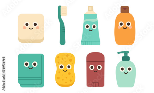 Cute kawaii bathroom essentials with happy faces for cheerful personal care design