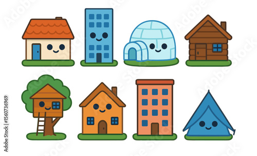 Cute cartoon buildings: happy house, treehouse, igloo, and more