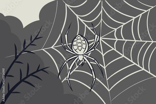 Spider on Web Black and White Illustration - Spooky Halloween Design