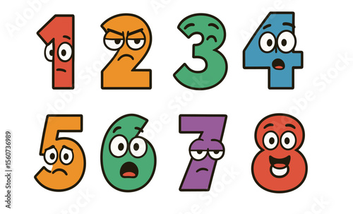 Colorful cartoon numbers with expressive faces for educational designs