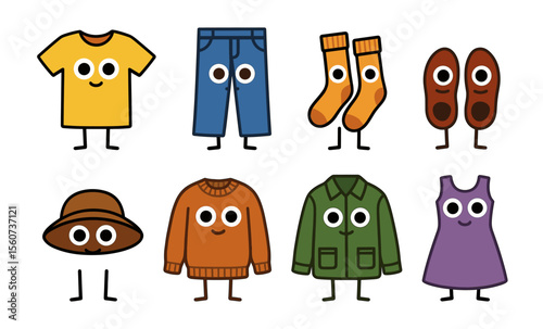Playful cartoon clothing characters with eyes, featuring shirts, pants, and accessories