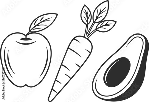 Healthy Eating Habit Illustration Set Featuring Fruits Vegetables and Balanced Meals. Clean and Colorful Healthy Eating Concepts with Food Groups and Lifestyle Elements. Wellness and Healthy Eating