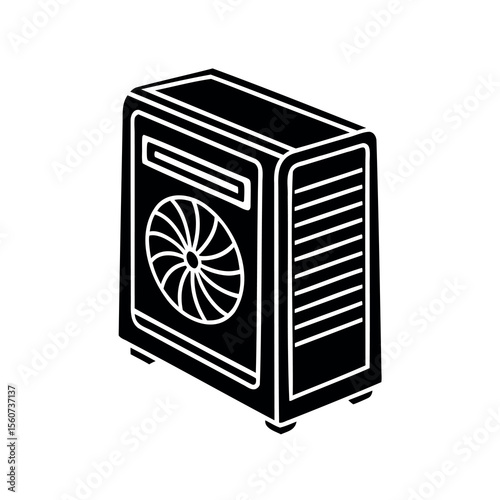 Black and White Isometric Illustration of a Personal Computer Tower