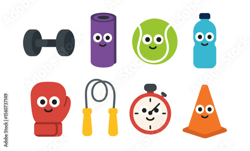 Cute sport icon set featuring happy fitness equipment for kids' exercise motivation
