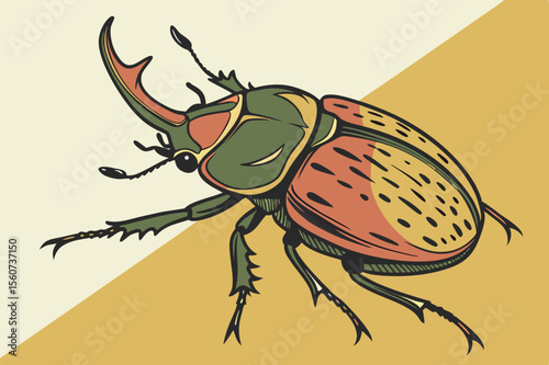  Majestic Rhinoceros Beetle Illustration - Colorful Horned Insect Art