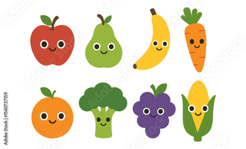 Cute cartoon fruit and vegetable faces with smiling expressions for kids