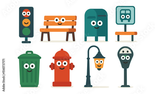 Playful cartoon city objects with smiling faces featuring benches and traffic signals