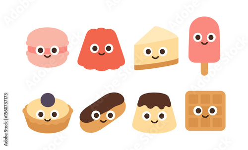 Cute smiling desserts: macaron, gelatin, cheesecake, ice pop and more adorable sweets