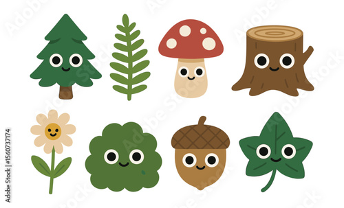 Cute smiling forest elements: tree, mushroom, stump, leaf, and more