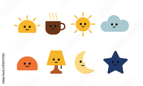 Cute weather and daily life icons featuring sun, moon, cloud, coffee, lamp, and star with smiling faces