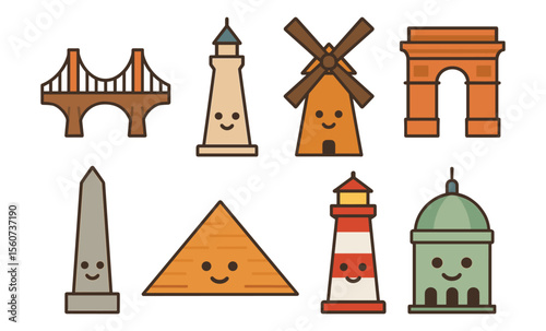 Cute cartoon landmarks: bridge, lighthouse, windmill, arch, obelisk, pyramid, lighthouse, dome