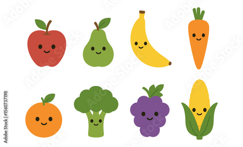 Cute smiling fruits and vegetables vector with happy faces on light background