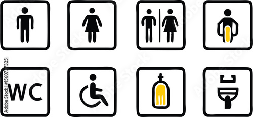 Washroom signs. Restroom or toilet door sign set containing gents, ladies, disabled, baby changing. Printable sticker. Transparent vector illustration.