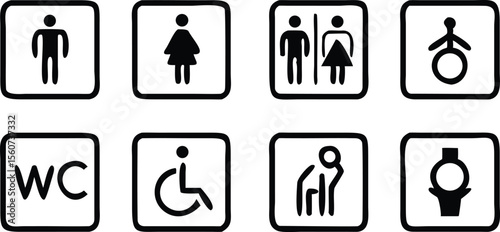 Washroom signs. Restroom or toilet door sign set containing gents, ladies, disabled, baby changing. Printable sticker. Transparent vector illustration.