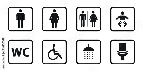 Washroom signs. Restroom or toilet door sign set containing gents, ladies, disabled, baby changing. Printable sticker. Transparent vector illustration.