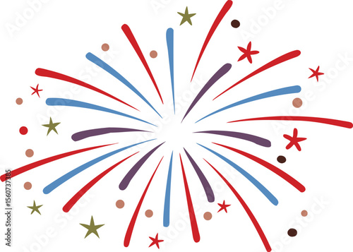 fireworks fourth of July. fireworks with red and blue stars and sparks. united states of america independence day. usa celebration design element. transparent png and vector illustration.