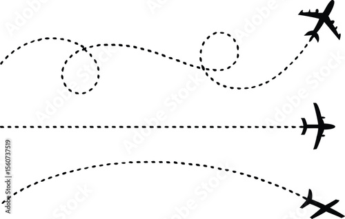 Airplane with dotted line route. flying plane with twisted, curved and straight dashed trace path. transparent png and vector illustration. 