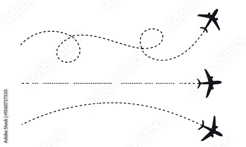 Airplane with dotted line route. flying plane with twisted, curved and straight dashed trace path. transparent png and vector illustration. 