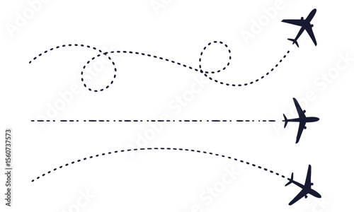 Airplane with dotted line route. flying plane with twisted, curved and straight dashed trace path. transparent png and vector illustration. 