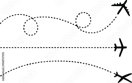 Airplane with dotted line route. flying plane with twisted, curved and straight dashed trace path. transparent png and vector illustration. 