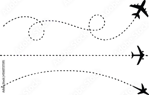 Airplane with dotted line route. flying plane with twisted, curved and straight dashed trace path. transparent png and vector illustration. 