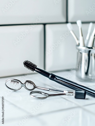 Elegant Black Mascara Wand with Lash Curler and Tweezers on White Tile