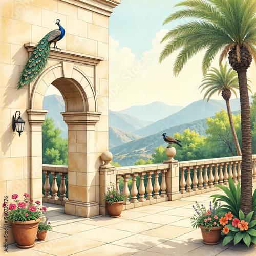 Ancient Greek Palace Vector – Classical Architecture with Arch, Palm Tree and Peacock, Decorative Heritage Art, Elegant Wallpaper Illustration Design