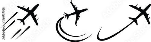 Flying plane with trail symbol. Aeroplane icon with trace path. Transparent PNG and vector illustration. 