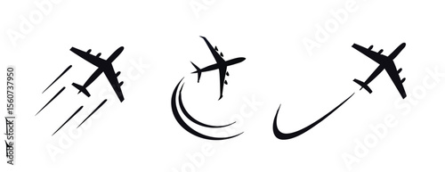 Flying plane with trail symbol. Aeroplane icon with trace path. Transparent PNG and vector illustration. 