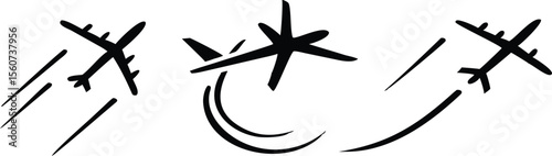 Flying plane with trail symbol. Aeroplane icon with trace path. Transparent PNG and vector illustration. 