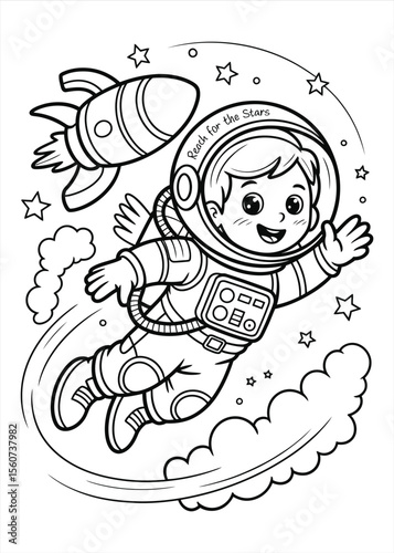Cute cartoon astronaut boy flying in space with a rocket and stars