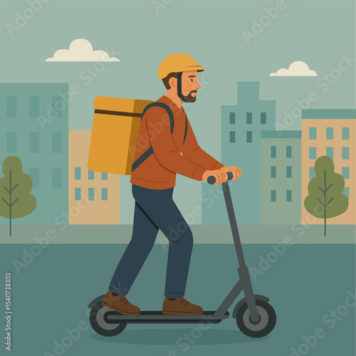 Flat vector illustration of a courier on an electric scooter with a helmet and yellow backpack in the city, ideal for delivery, eco transport, and urban logistics.