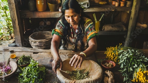 Indigenous woman carefully prepares traditional herbal medicine, mixing various dried plants and herbs in a wooden bowl, inside a rustic workshop filled with natural remedies and ingredients