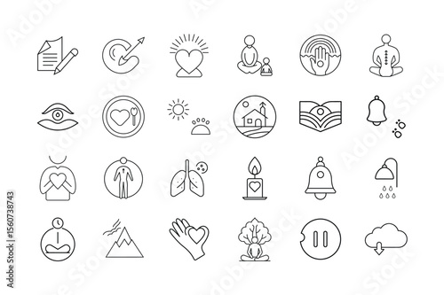 Mindfulness and Meditation Icon Set Inner Peace Breathing Self Awareness Calm Living Spiritual Growth and Wellness Practice Symbols