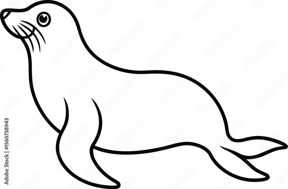 Fototapeta premium Simple black and white line drawing of a playful seal vector illustration.