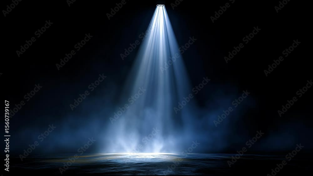 A powerful spotlight cuts through deep darkness, illuminating the ground below. The focused beam brings a dramatic feel to the otherwise empty area, creating a sense of suspense and intrigue