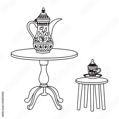 Elegant Coffee Service A Black and White Line Drawing of a Coffee Pot and Cup on Tables