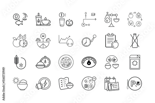 Nutrition and Meal Planning Icon Set Healthy Eating Food Portioning Diet Tracker Weekly Meal Prep Macronutrients and Nutritional Balance Symbols