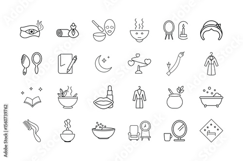Self Care and Pampering Icon Set Skincare Bath Rituals Beauty Treatments Relaxation Spa Day and Wellness Routine Symbols