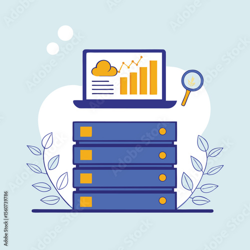 Blue server stack with laptop and magnifying glass