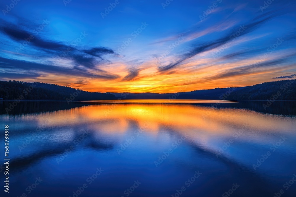 Fototapeta premium A tranquil lake reflecting a vibrant sunset. A calm body of water mirrors the colorful sky, showcasing a blend of blues, oranges, and yellows. Silhouette of hills form a horizon line